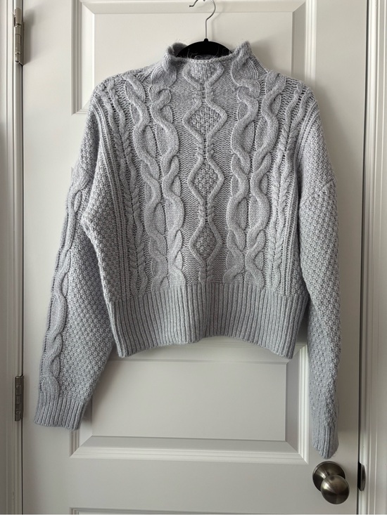 525 America Sweaters - 525 America Light Gray/ Baby Blue Cable Knit Mock Neck Sweater Size L